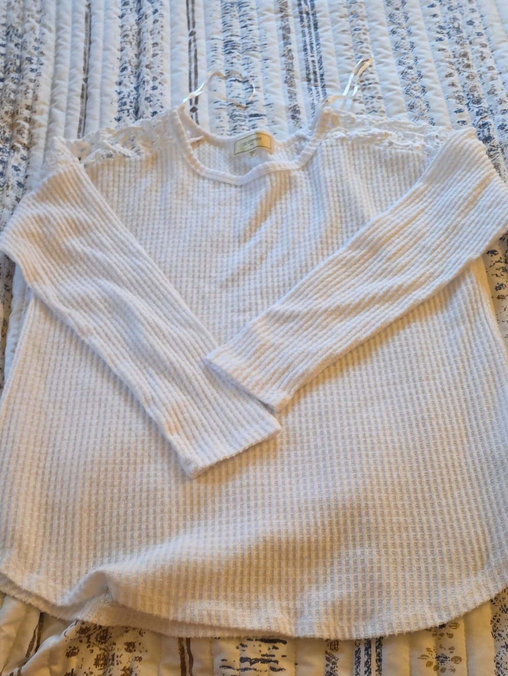 Women’s Cream Waffle Knit Long Sleeve Top with Lace Trim